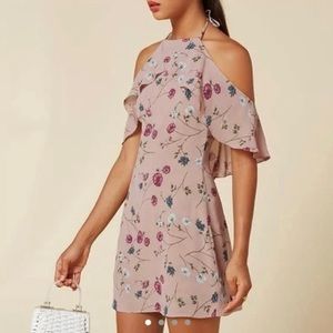 Reformation Lila Mini Dress, Ruffle Halter Neck, in Pink Purple Florals, Size 4